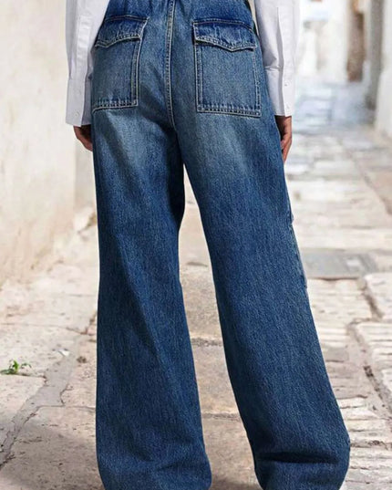 Drawstring Waist Wide Leg Shirred Jeans