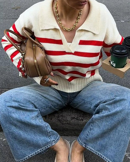 Striped Knit Polo Collar Sweater Red
