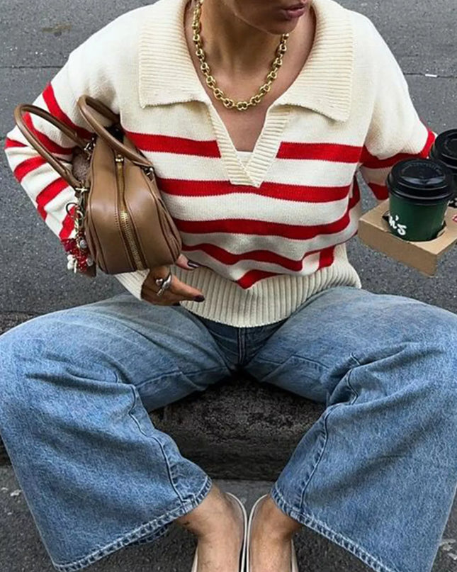 Striped Knit Polo Collar Sweater Red