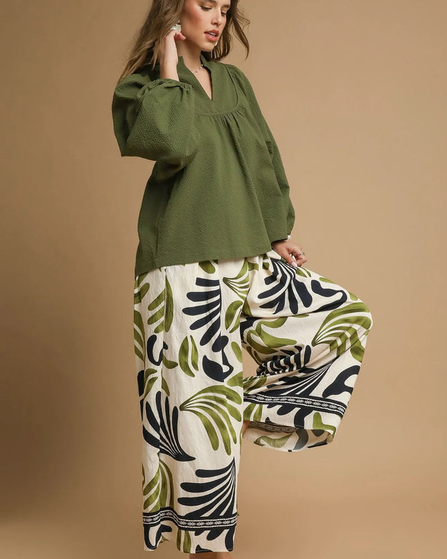 Umgee Textured Notched Blouse with Balloon Sleeves