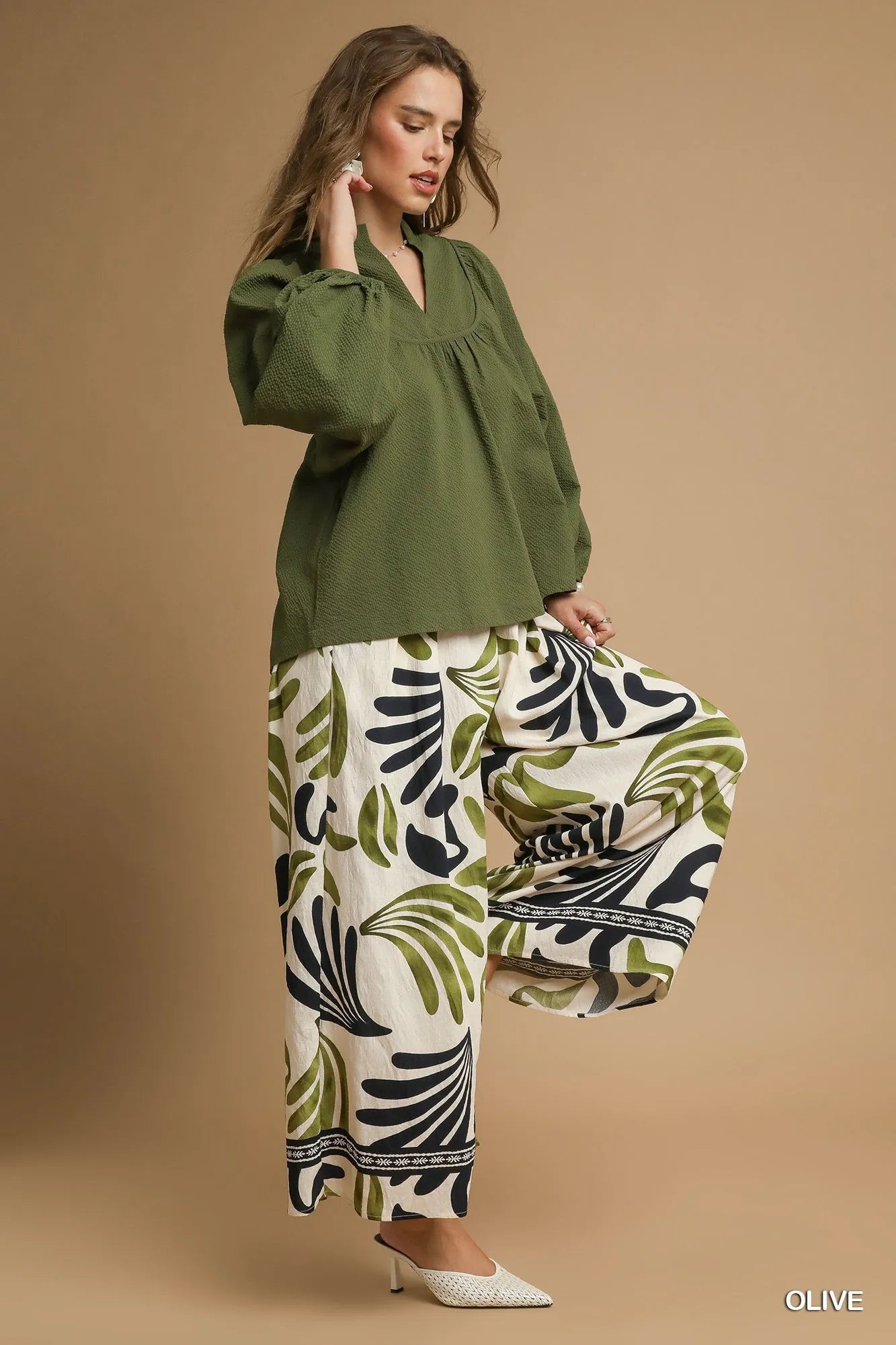 Umgee Textured Notched Blouse with Balloon Sleeves