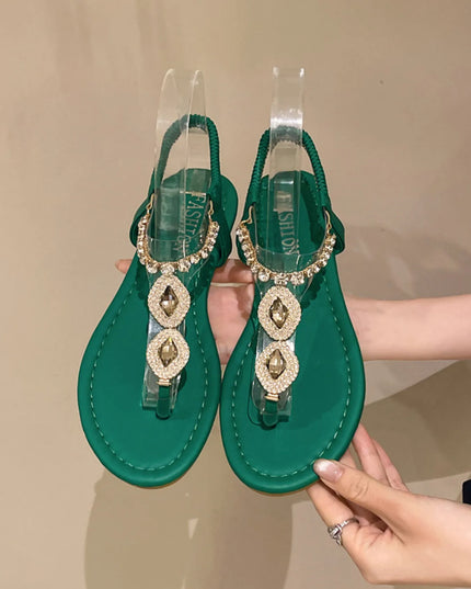 Rhinestone T-Strap Flat Sandals 