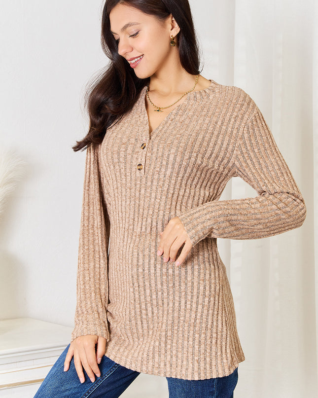 Double Take Notched Neck Ribbed Long Sleeve T-Shirt