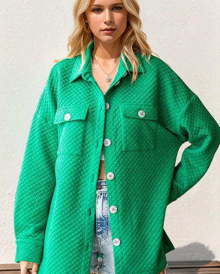Double Take Full Size Textured Button Up Drop Shoulder Shacket Green