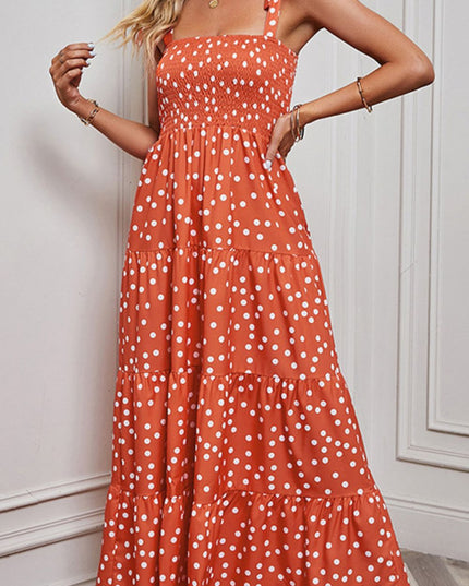 Polka Dot Smocked Tiered Sleeveless Dress Orange