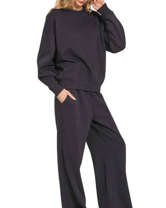 Zenana Fleece Long Sleeve Top and Sweatpants Set BLACK