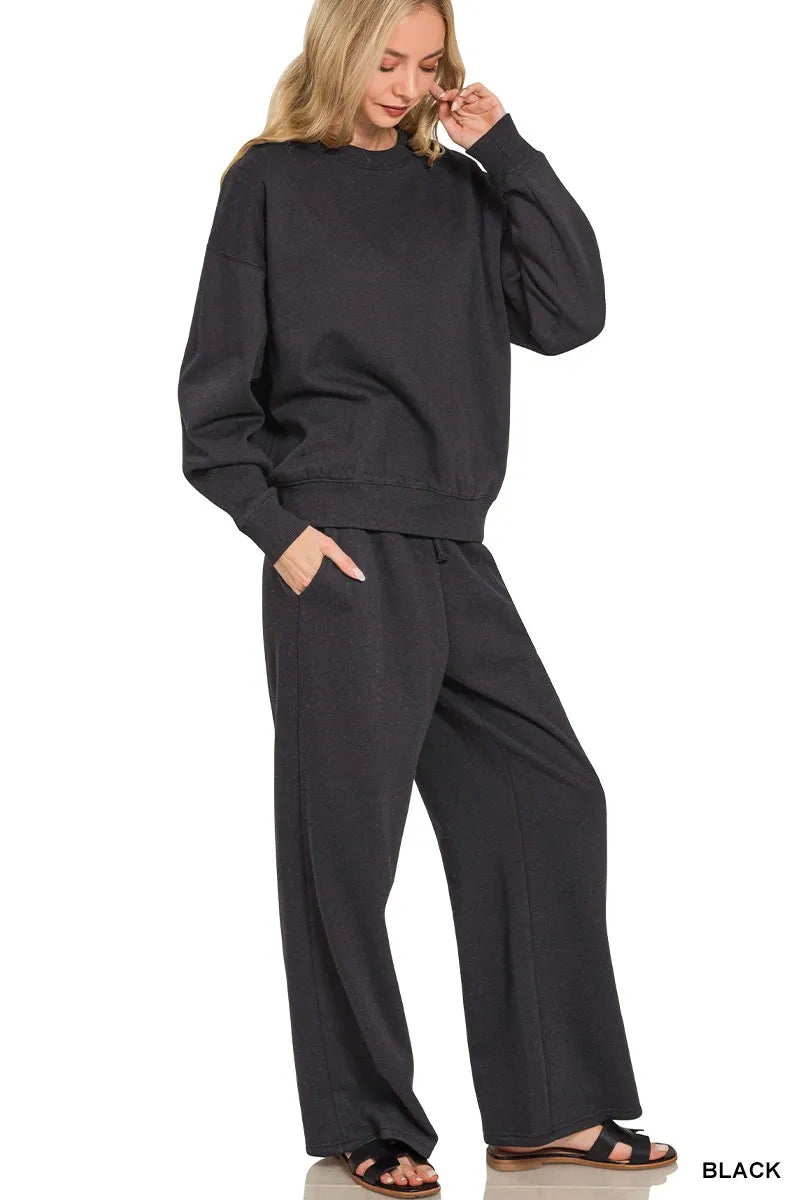 Zenana Fleece Long Sleeve Top and Sweatpants Set BLACK
