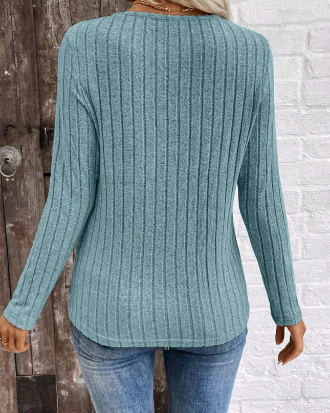 Ribbed V-Neck Long Sleeve Knit T-Shirt