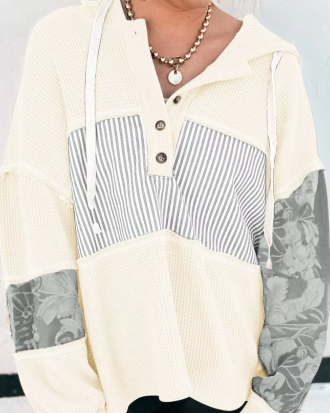 Waffle Knit Striped Drawstring Hoodie