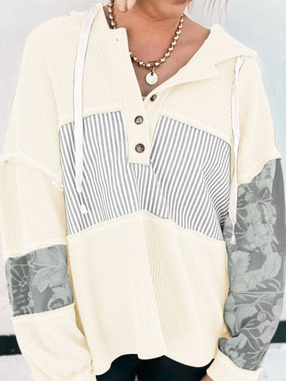 Waffle Knit Striped Drawstring Hoodie