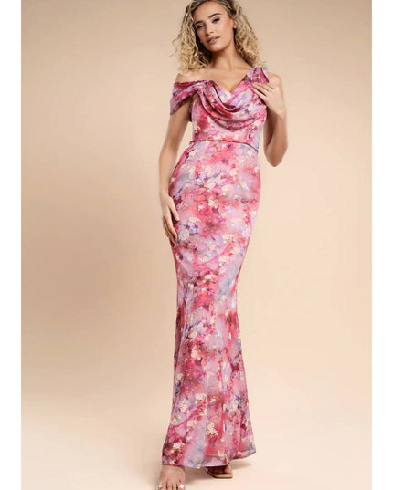 Goddiva One Shoulder Cowl Neck Chiffon Floral Maxi DR4555 Pink