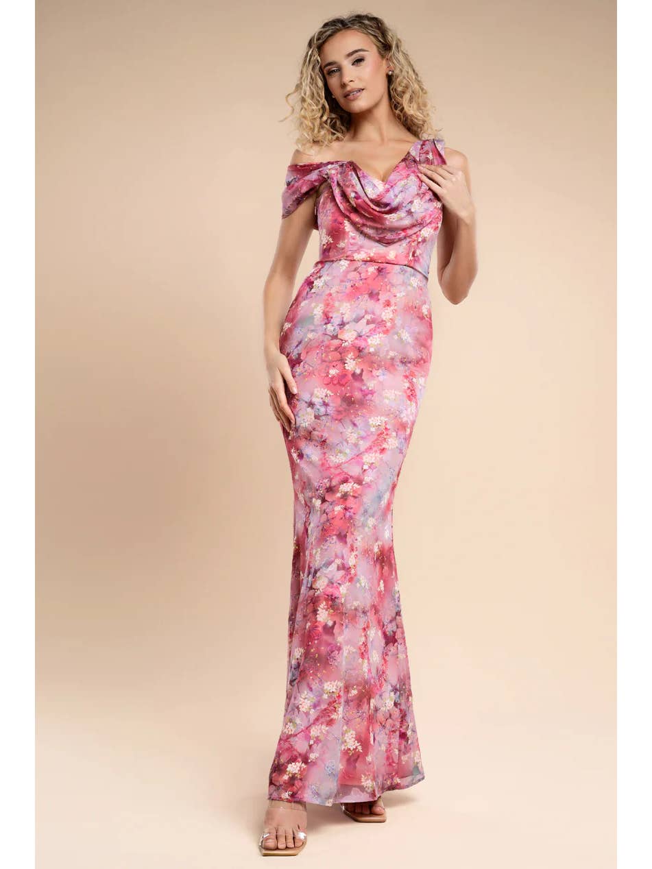 Goddiva One Shoulder Cowl Neck Chiffon Floral Maxi DR4555 Pink