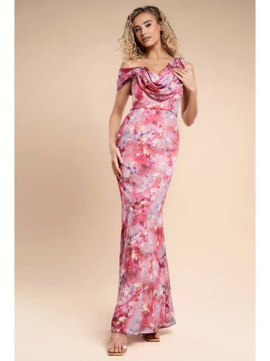Goddiva One Shoulder Cowl Neck Chiffon Floral Maxi DR4555 Pink