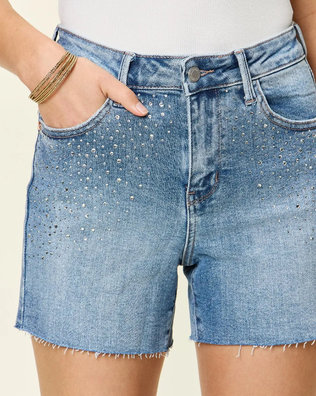 Judy Blue Full Size High Waist Rhinestone Decor Denim Shorts Light