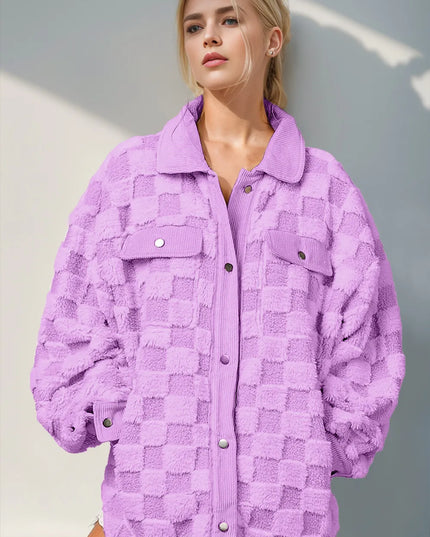 Double Take Button Up Fuzzy Checkered Shacket Lilac