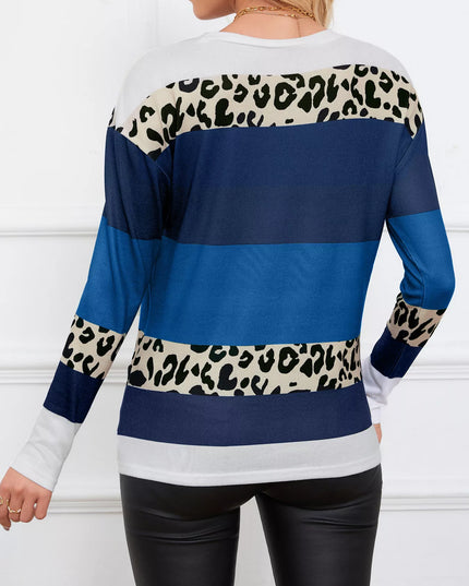 Leopard Color Block Striped Knit Top