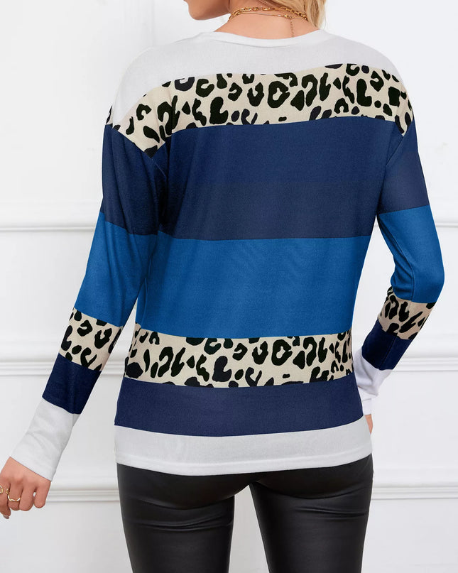 Leopard Color Block Striped Knit Top