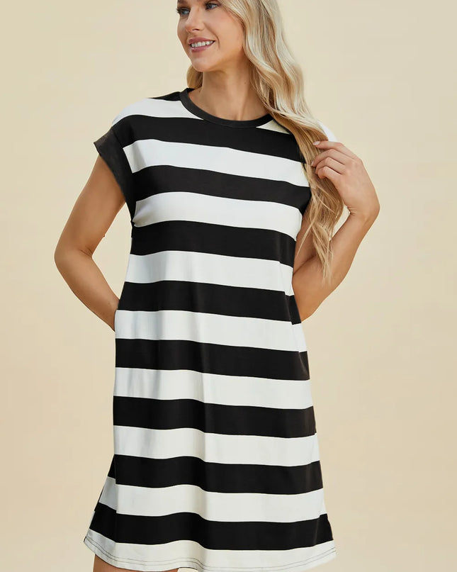 Basic Bae Full Size Striped Round Neck Cap Sleeve Mini Dress