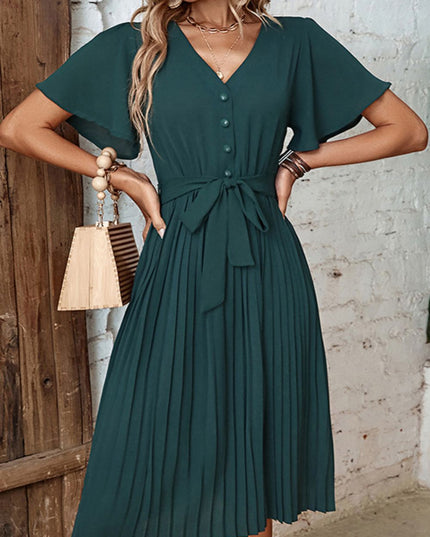 Perfee Buttoned V-Neck Flutter Sleeve Pleated Dress