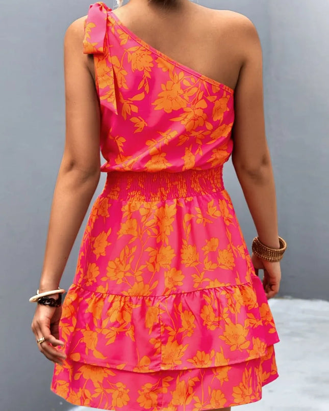 Tied Smocked Printed Single Shoulder Dress