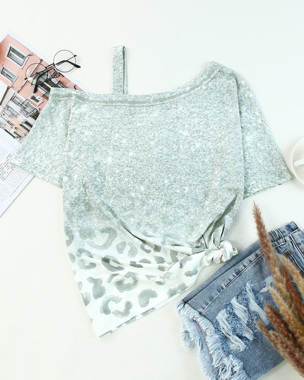 Leopard Asymmetrical Neck Cold-Shoulder Blouse