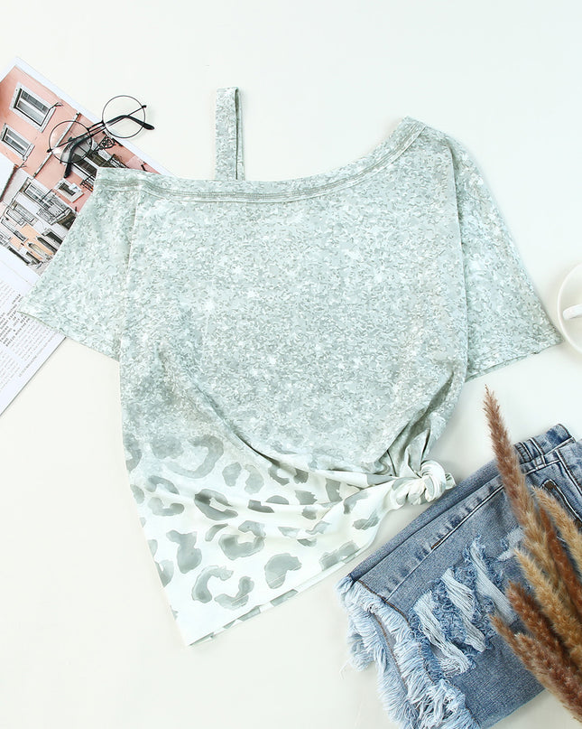 Leopard Asymmetrical Neck Cold-Shoulder Blouse