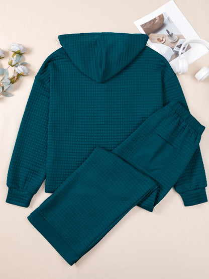 Waffled Textured Raw Edge Patchwork Top and Pants 2pcs Set