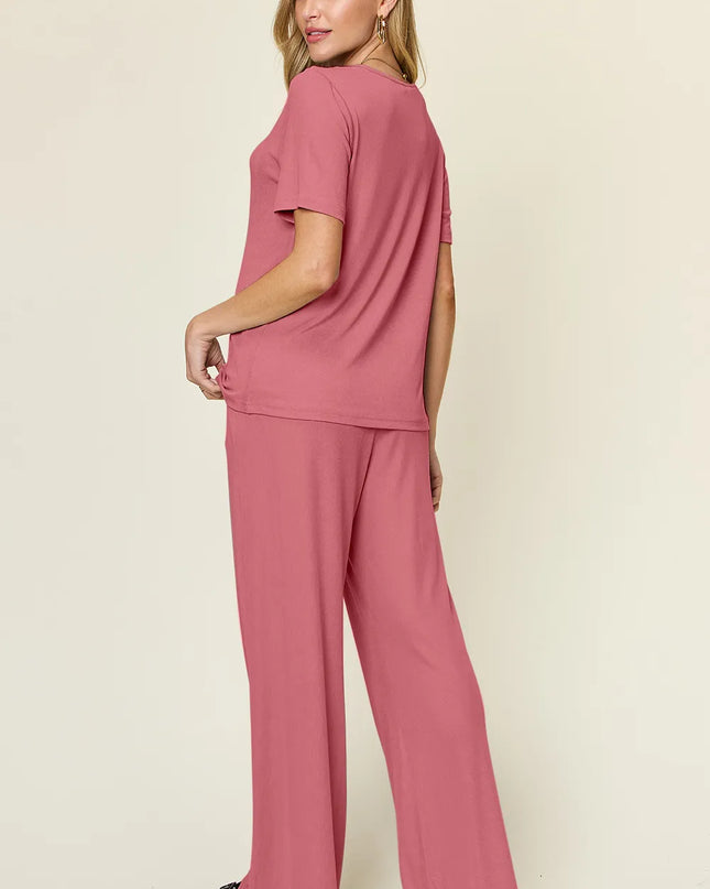 Double Take Full Size Round Neck Short Sleeve T-Shirt and Wide Leg Pants Set