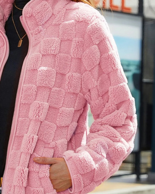 Fuzzy Checkered Zip Up Jacket