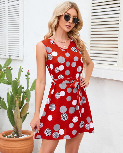 Tied Polka Dot V-Neck Dress Deep Red