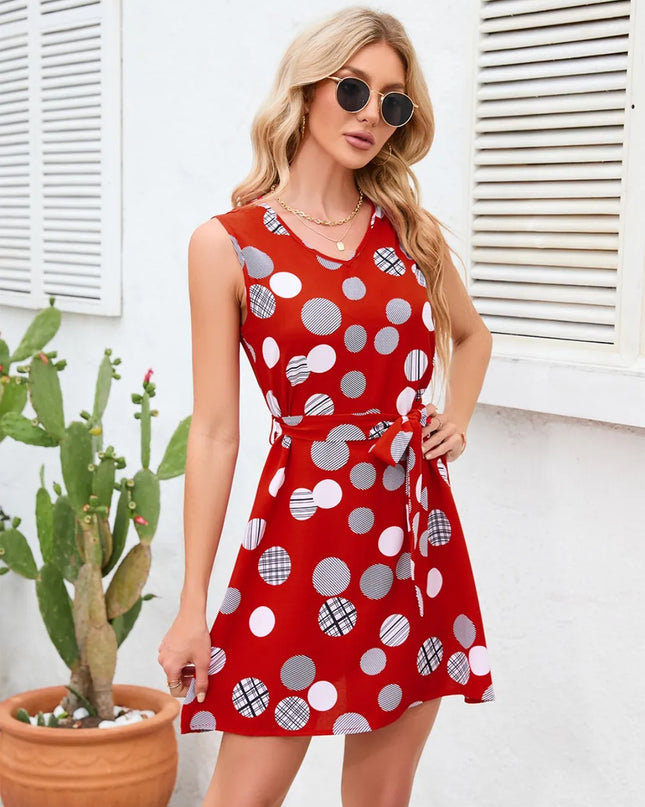 Tied Polka Dot V-Neck Dress Deep Red