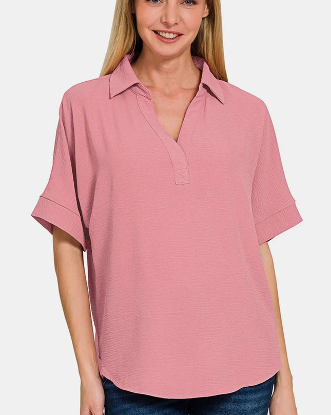 Zenana Texture Collared Neck Short Sleeve Top Lt Rose