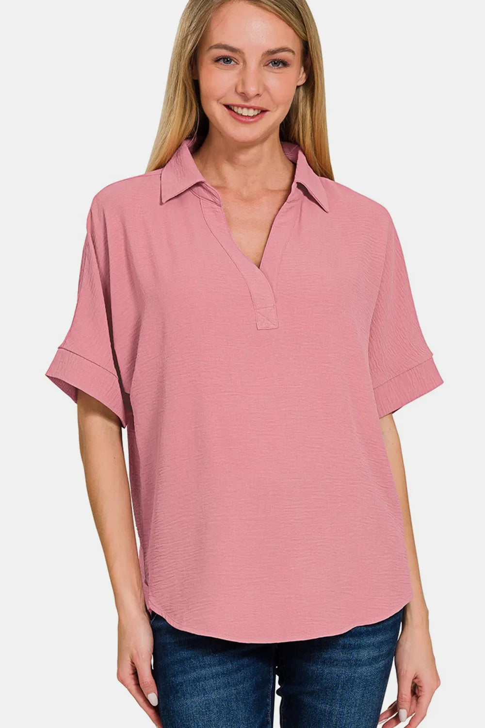 Zenana Texture Collared Neck Short Sleeve Top Lt Rose