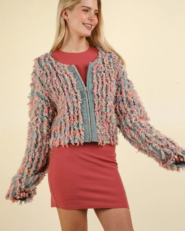 VERY J Shaggy Yarn Knit Zip Up Jacket