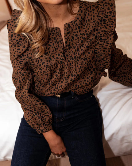 Leopard Print Ruffled Puff Sleeve Blouse Dark Brown