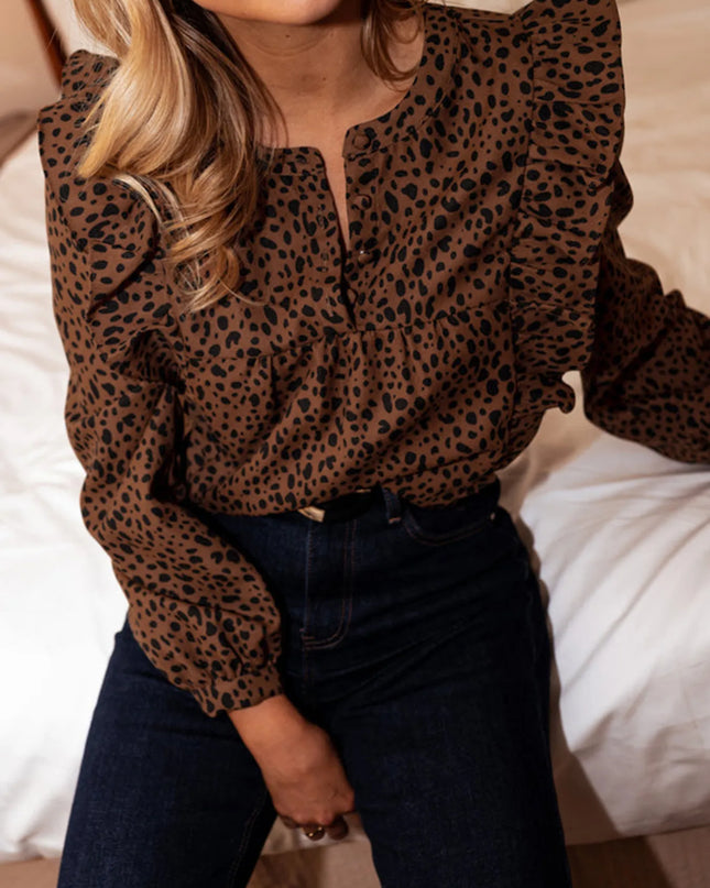 Leopard Print Ruffled Puff Sleeve Blouse Dark Brown