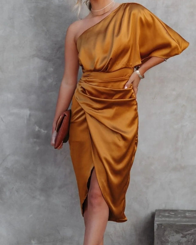 One-Shoulder Satin Wrap Dress with Side Slit