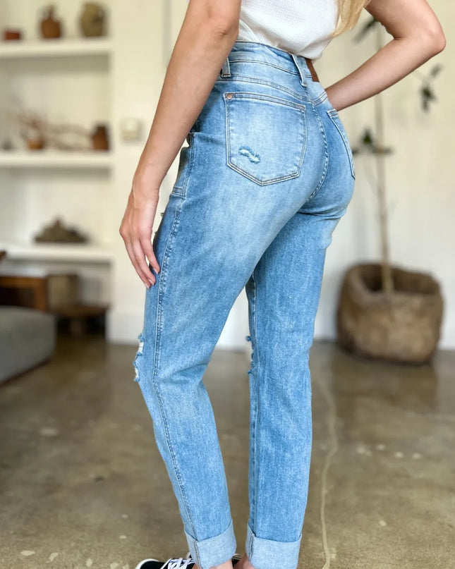 Judy Blue Full Size Distressed Straight Jeans with Patch Pockets