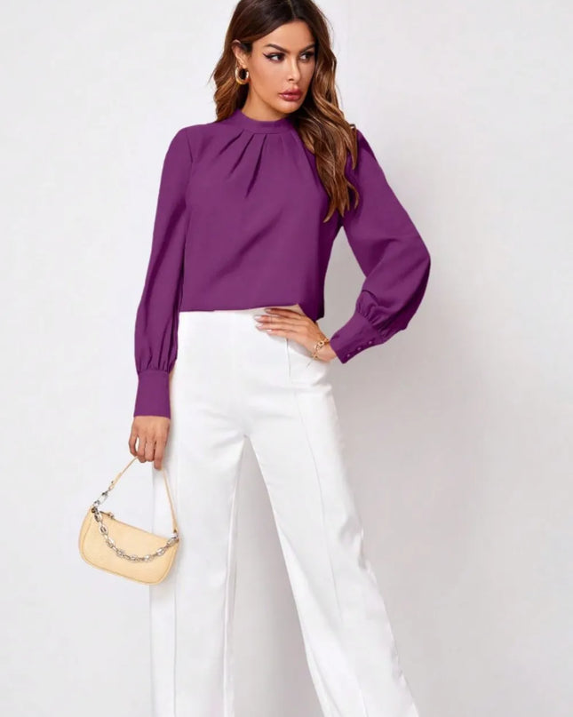 Ruched Mock Neck Long Sleeve Blouse 
