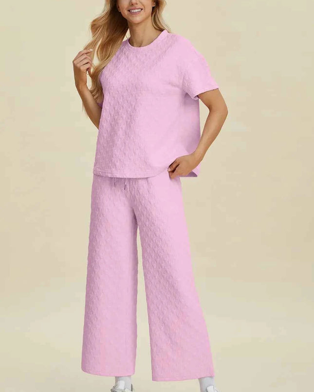 Double Take Full Size Texture Round Neck Short Sleeve Top and Pants Set