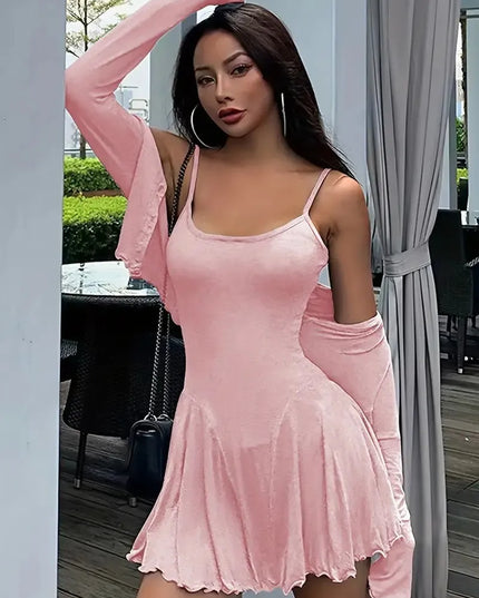 Long Sleeve Crop Top and Cami Dress Set