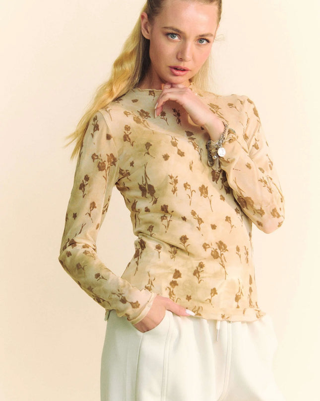 Davi & Dani Floral Mesh Long Sleeve Sheer Layering Top 