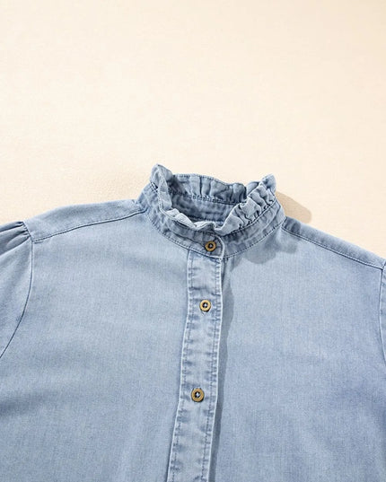 Ruffle Short Puff Sleeve Button Down Denim Shirt 