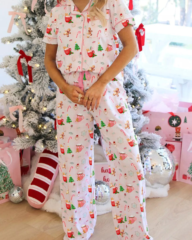 Christmas Spirit Cute Holiday Print Short Sleeve Shirt and Pants 2pcs Pajama Set Blush Pink