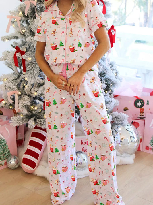 Christmas Spirit Cute Holiday Print Short Sleeve Shirt and Pants 2pcs Pajama Set Blush Pink