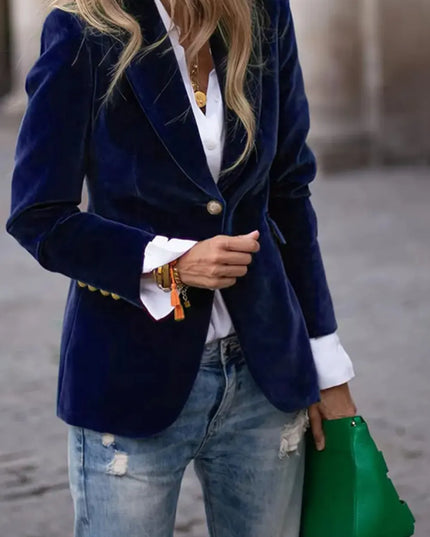 One Button Lapel Collar Long Sleeve Blazer Navy