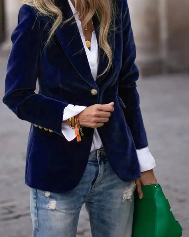 One Button Lapel Collar Long Sleeve Blazer Navy