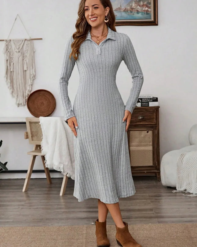 Collared Neck Long Sleeve Midi Dress Gray