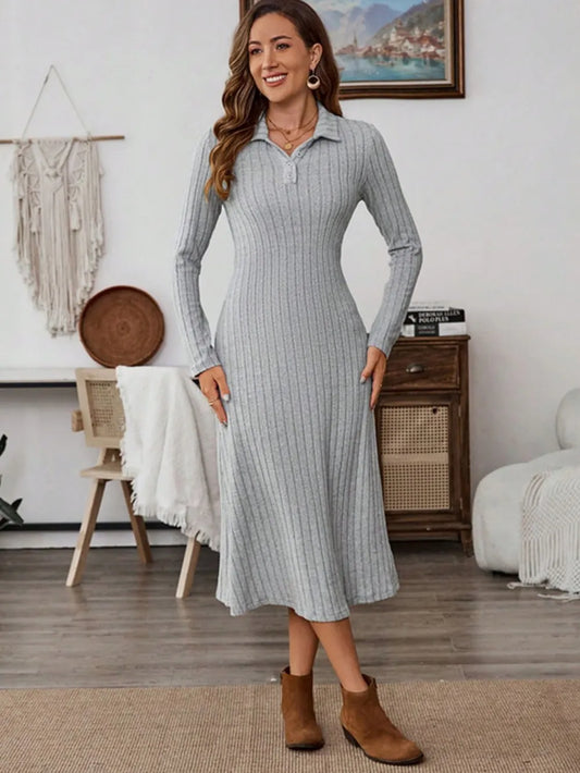 Collared Neck Long Sleeve Midi Dress Gray