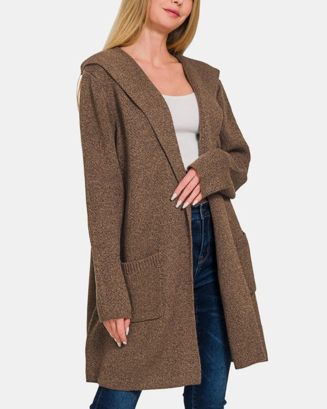 Zenana Hooded Open Front Sweater Cardigan Brown